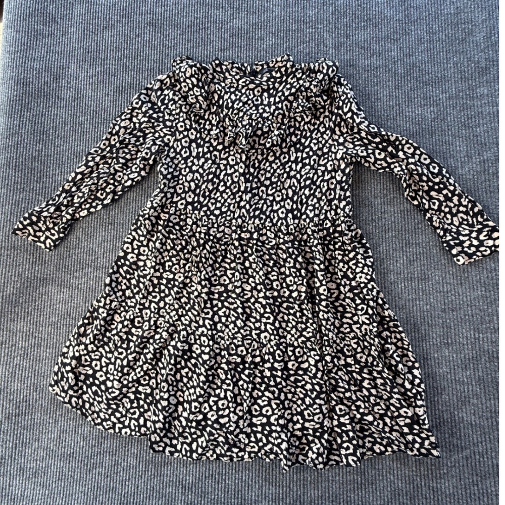 Zara Woman Leopard Print Ruffle Mini Dress Black Cream Long Sleeve Tiered Size M